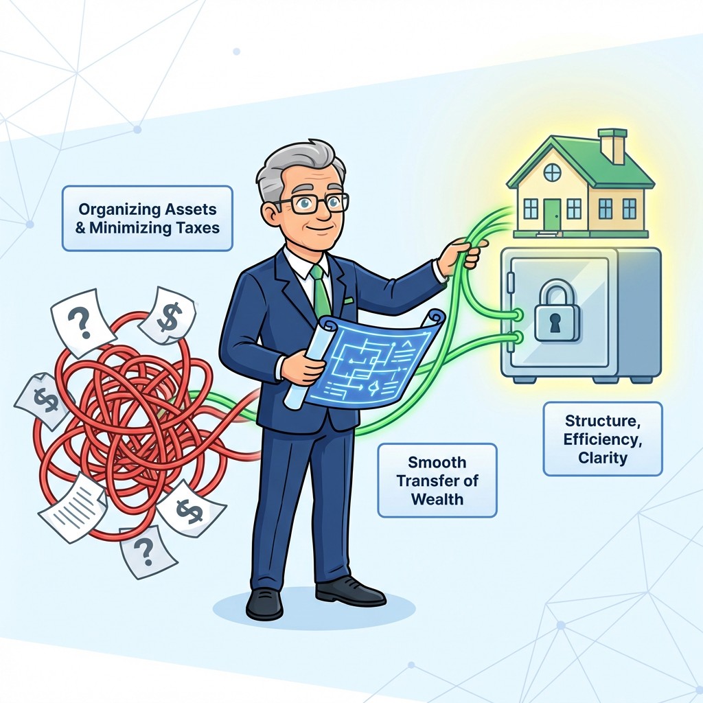 Financial planning: organizing assets, minimizing taxes, smooth transfer of wealth for structure, efficiency, and clarity